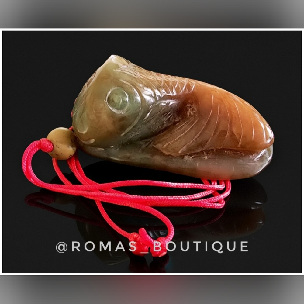 Chinese Carved Jade Stone Coyfish Pendant Necklace